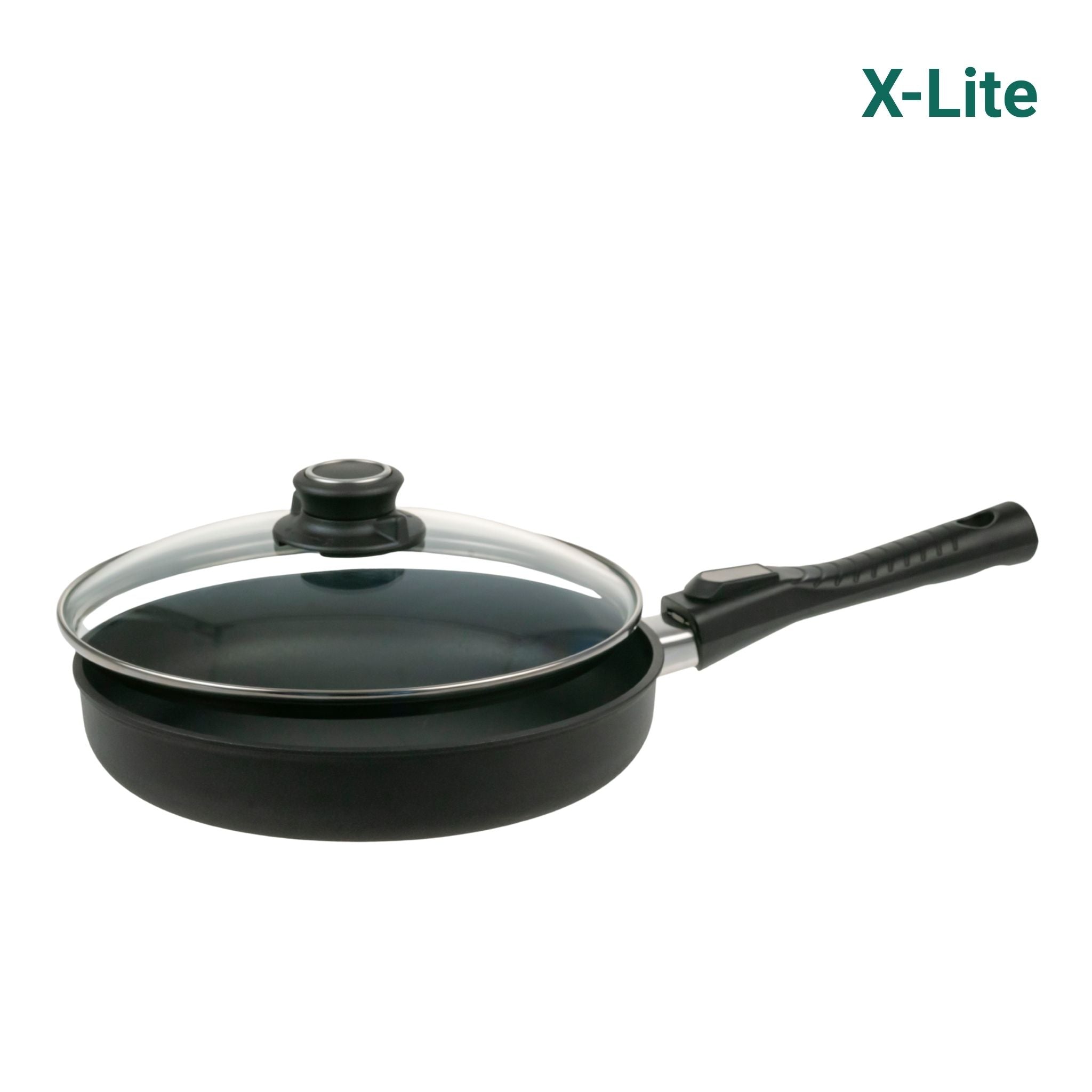Schwarze Bratpfanne mit abnehmbarem schwarzem Griff und Glasdeckel, mattierte Oberfläche.