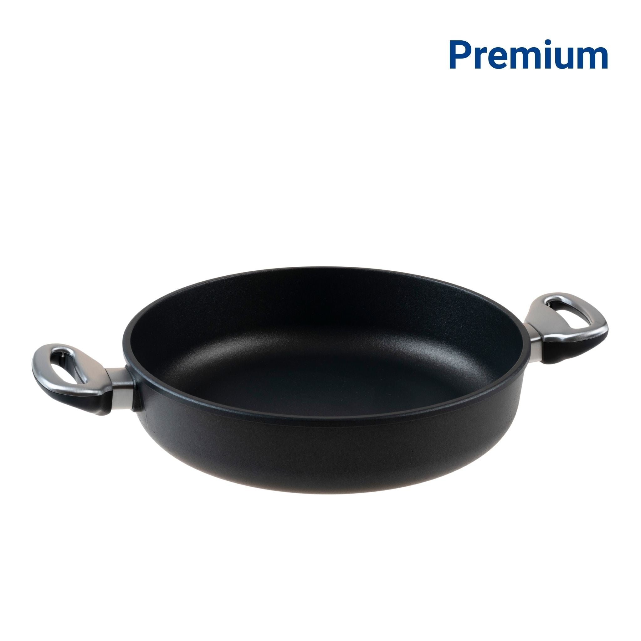 Schwarze Schmorpfanne mit zwei kurzen Griffen aus Metall, Premium-Qualität, 20 cm Durchmesser.