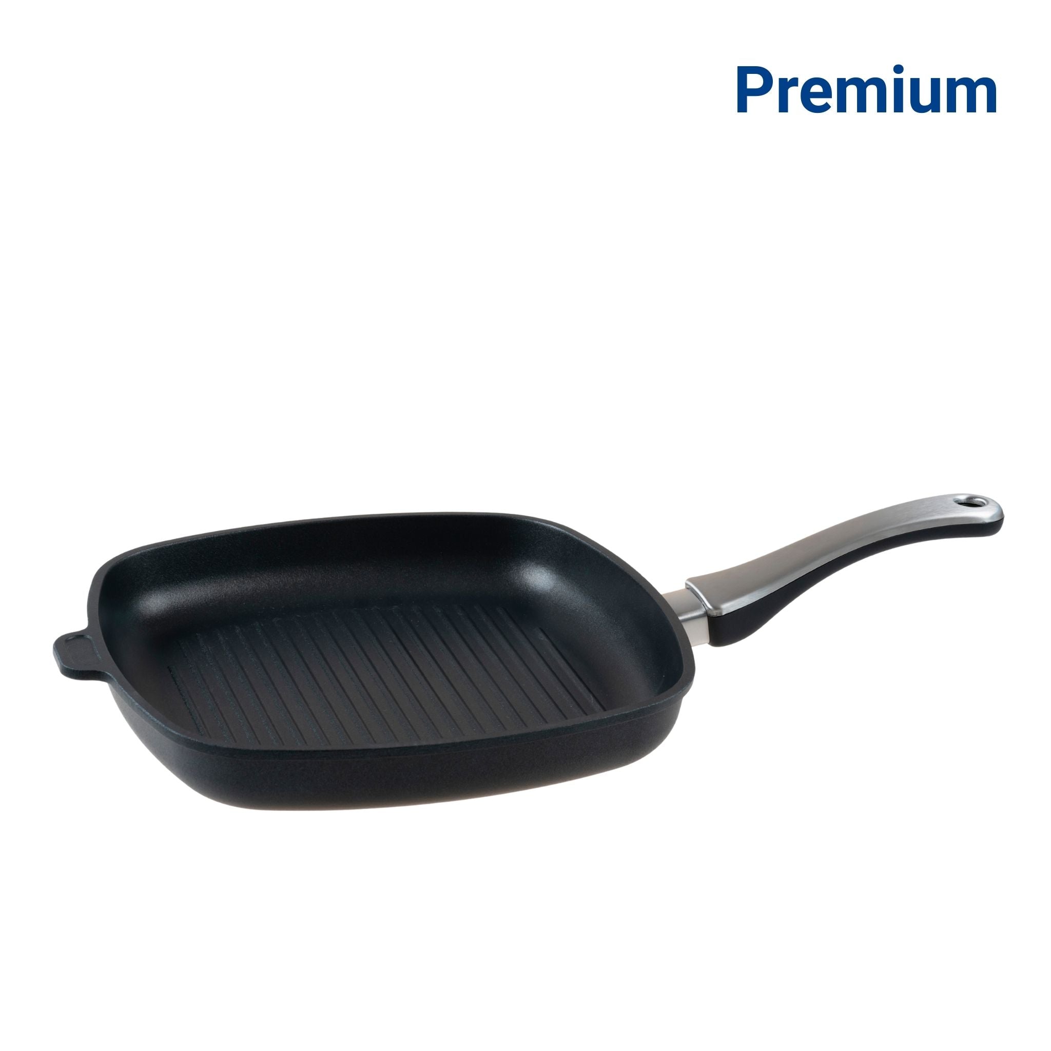 Schwarze Grillpfanne mit Edelstahlgriff und geriffelter Kochfläche, 28 cm Durchmesser.