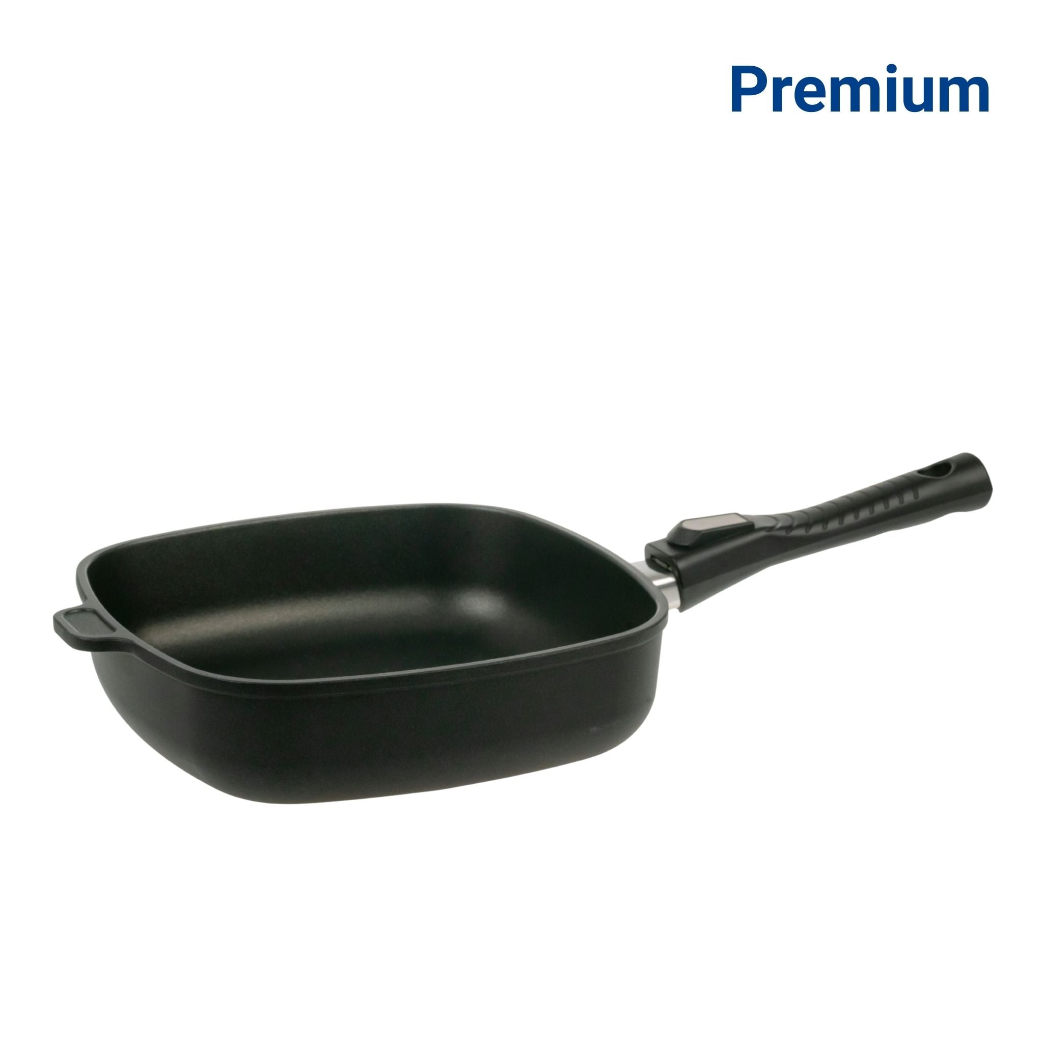 Schwarze Viereckpfanne mit langem Griff und antihaftbeschichteter Oberfläche.