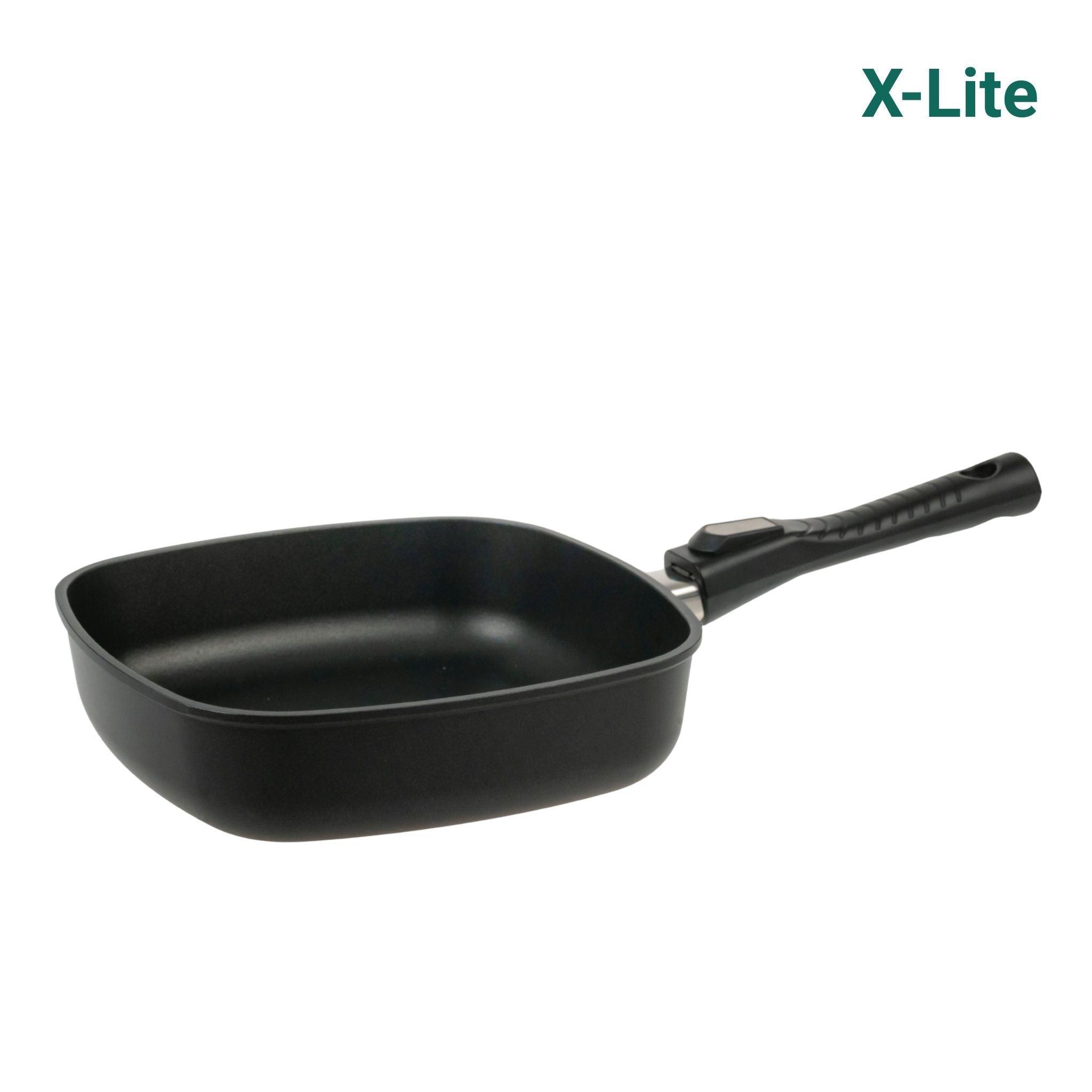 Schwarze quadratische Pfanne mit langem, ergonomischem Griff aus Kunststoff.