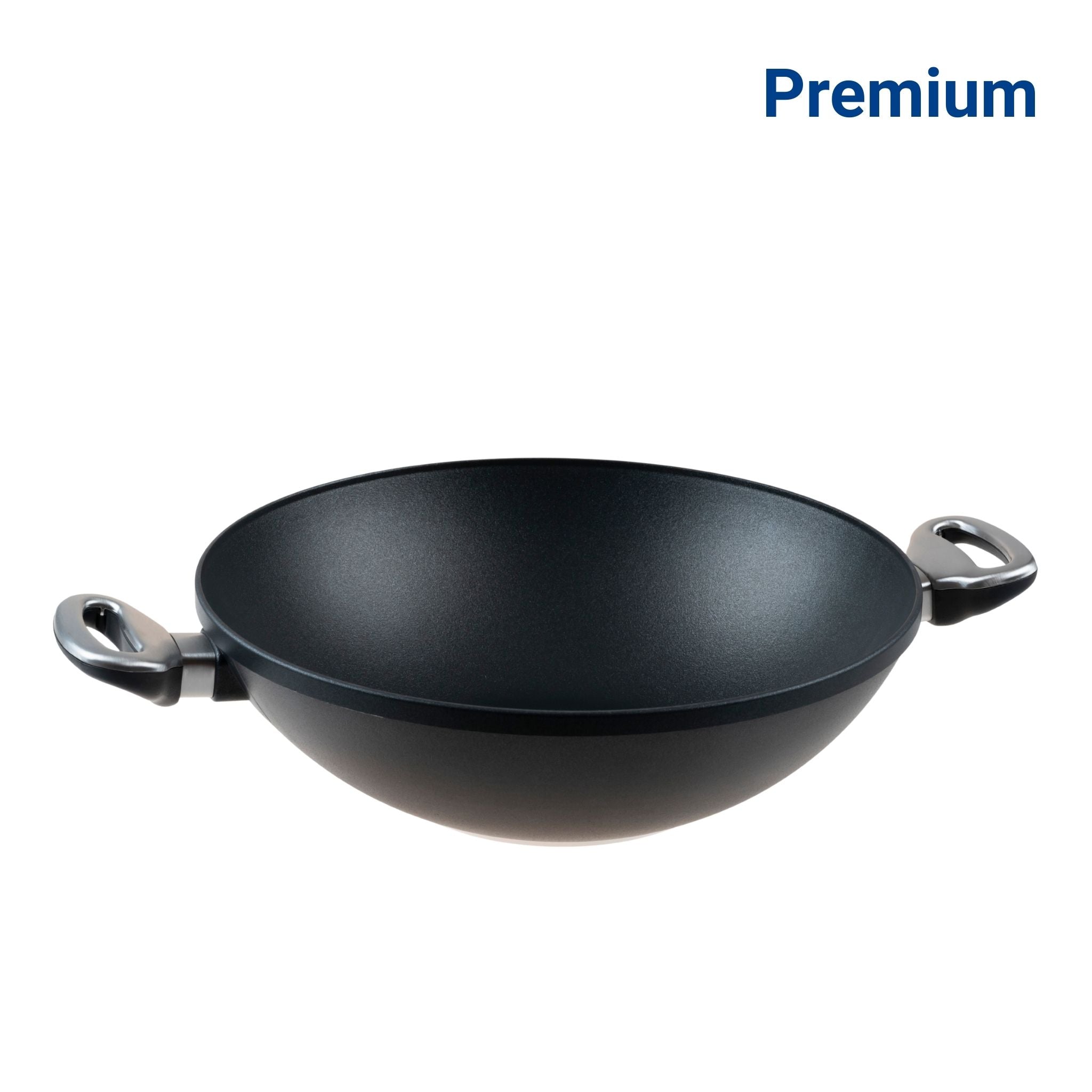 Schwarzer Wok mit Antihaftbeschichtung und zwei Metallgriffen, 32 cm Durchmesser.