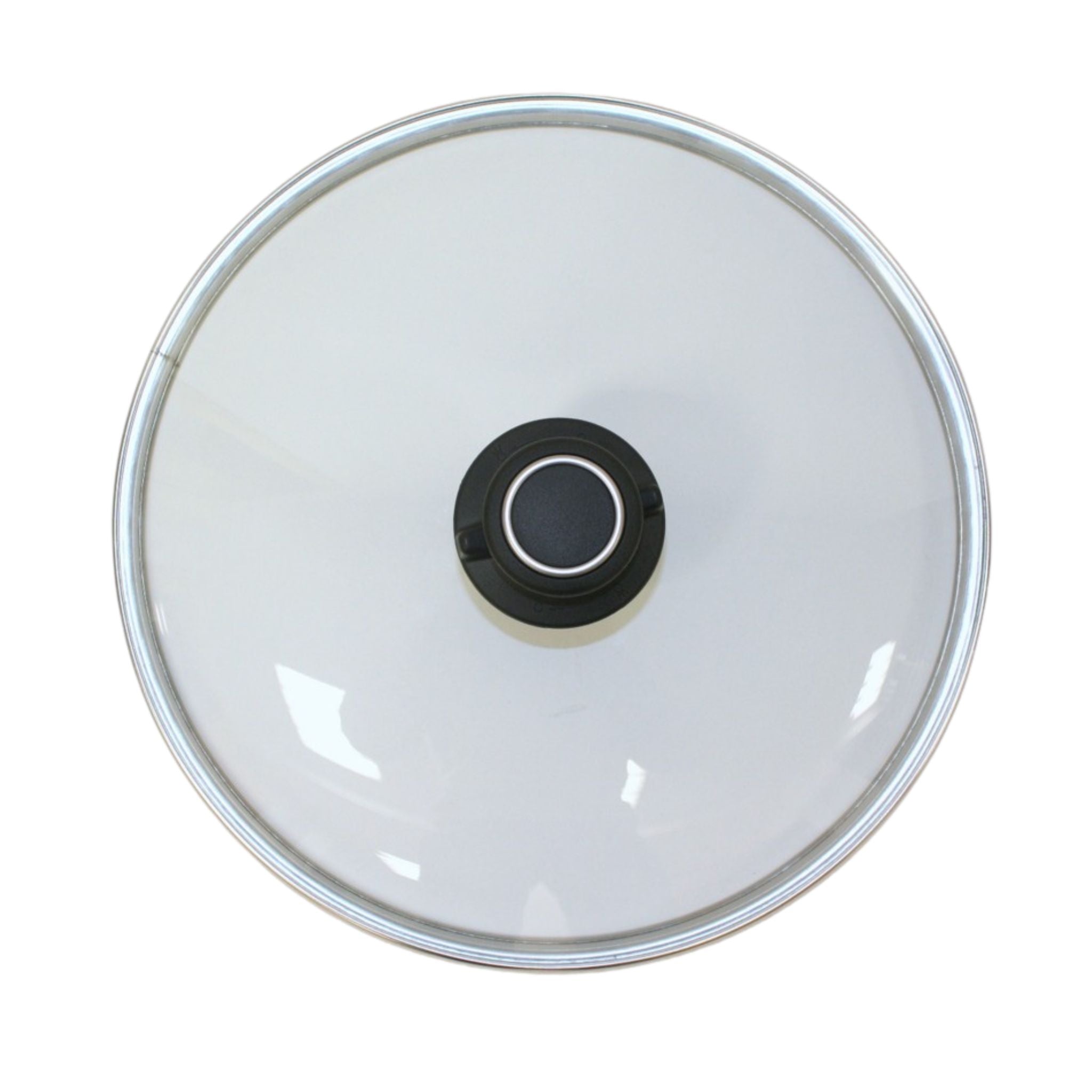 Runder Glasdeckel mit schwarzem Griff und silbernem Metallrand, durchsichtiges Kochgeschirr-Zubehör.
