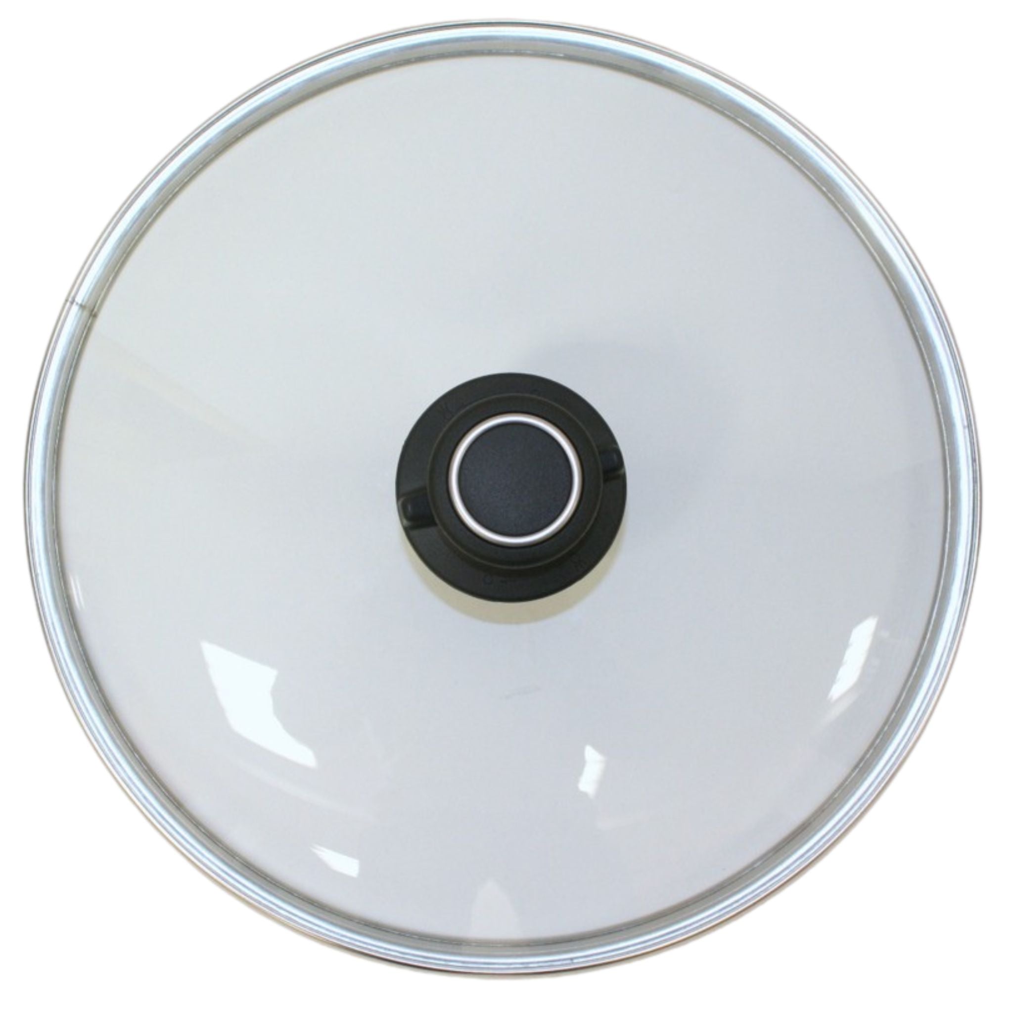 Runder Glasdeckel mit schwarzem Griff und silbernem Metallrand in neutralem Hintergrund.