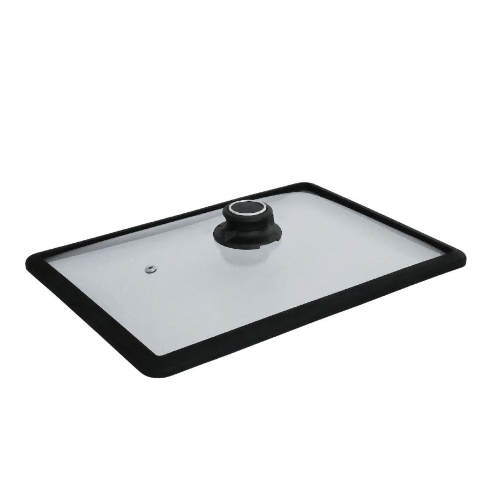 Rechteckiger Glasdeckel mit schwarzem Kunststoffrand und Griff, Dampföffnung sichtbar.