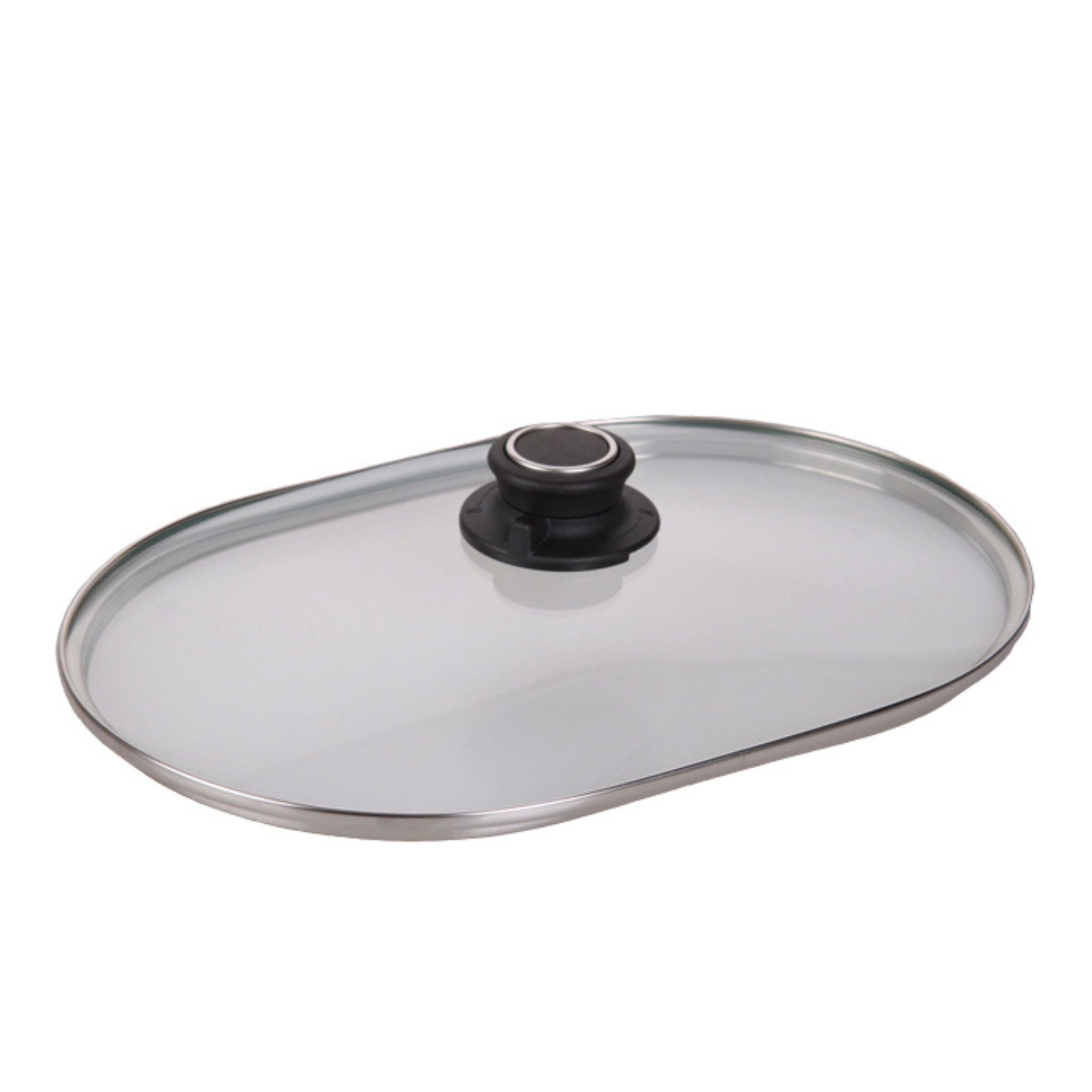 Glasdeckel mit schwarzem Griff und Edelstahlrand für Großraumbräter, oval, transparent.