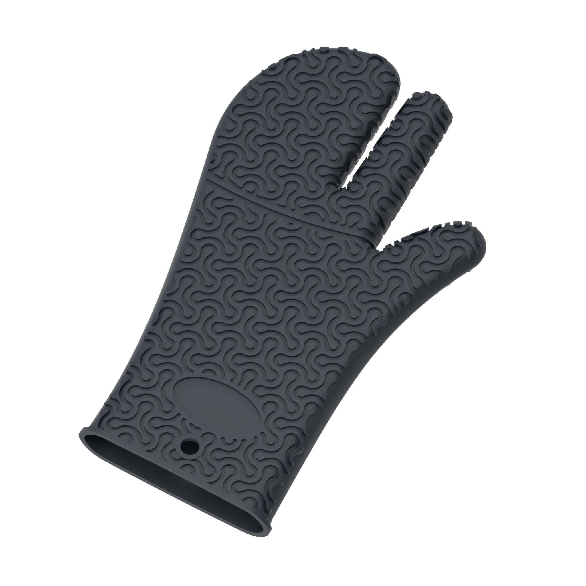 Anthrazitfarbener Ofenhandschuh aus hitzebeständigem Silikon mit strukturiertem Muster und dreizehigem Design.