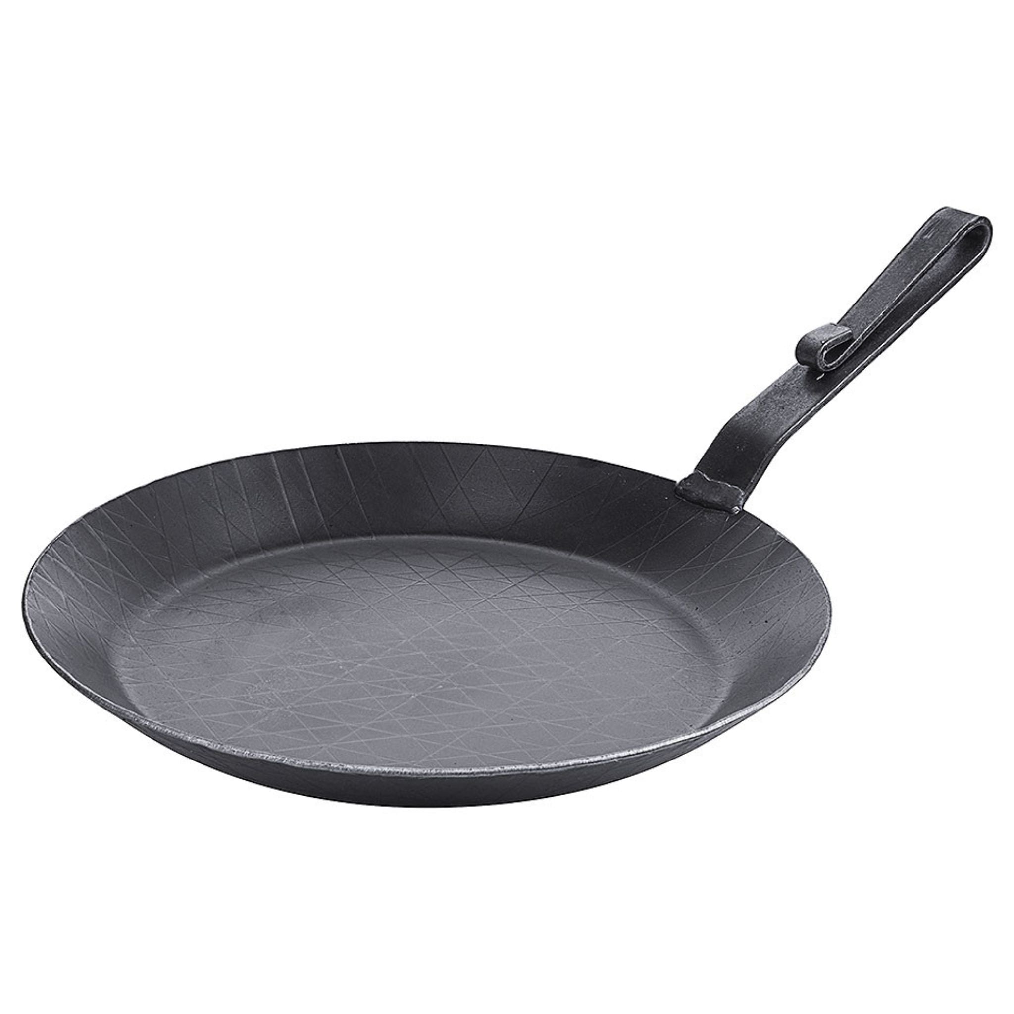 Schwarze Servierpfanne aus Eisen mit langem Griff und glatter Oberfläche.