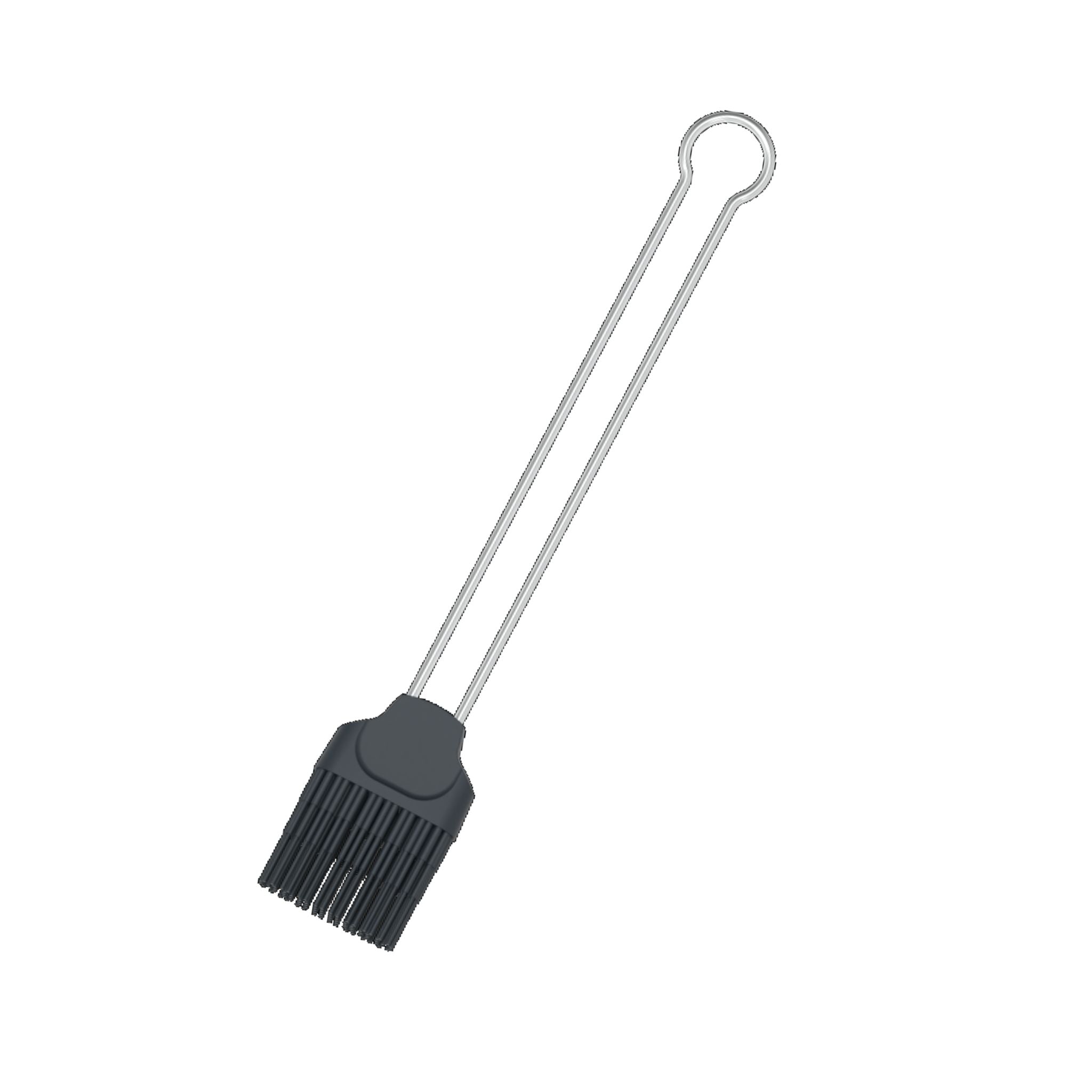 Pinsel mit anthrazitfarbenen Silikonborsten und langem Metallgriff mit Aufhängeloch.