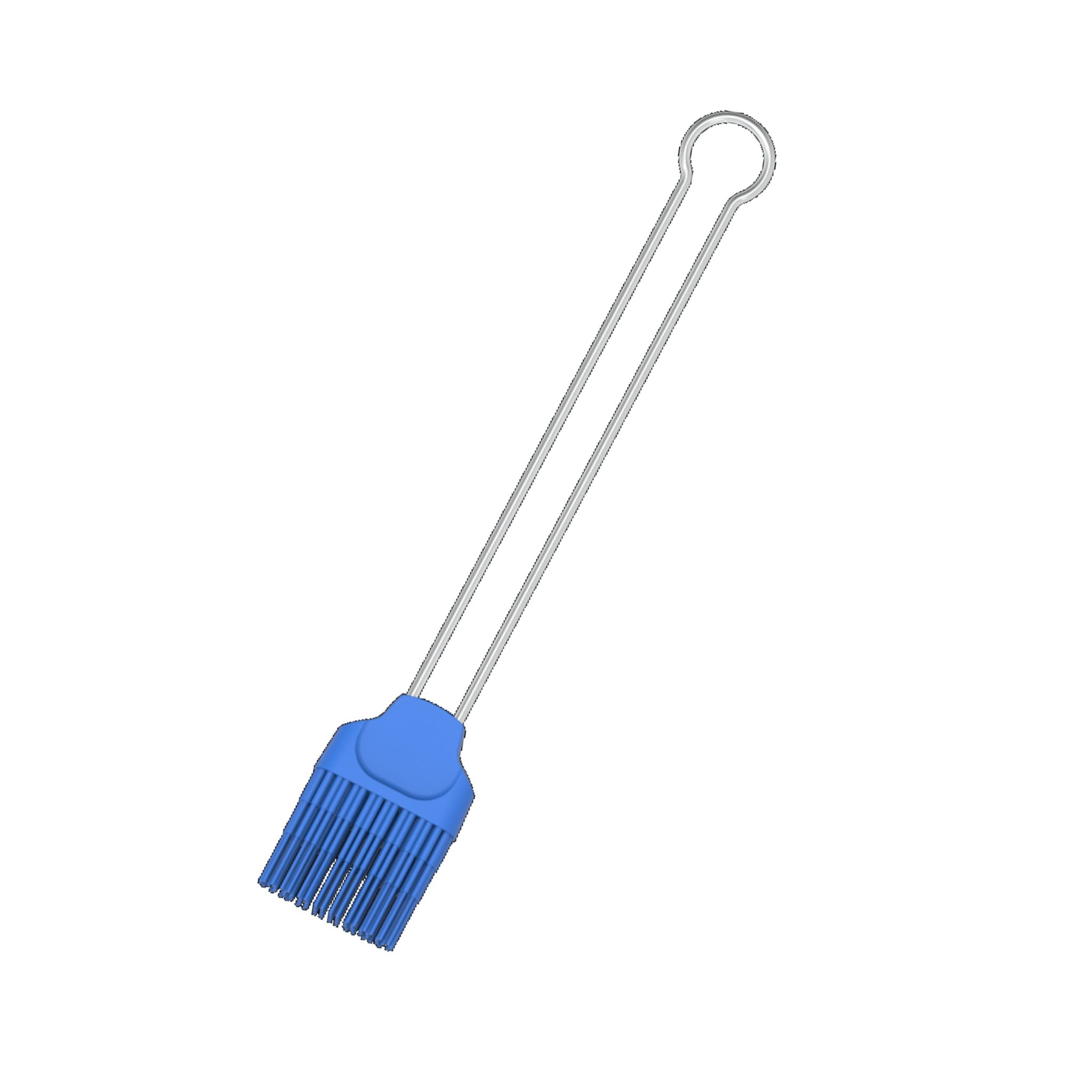 Kochpinsel mit blauem Silikonbürstenkopf und langem Metallgriff.