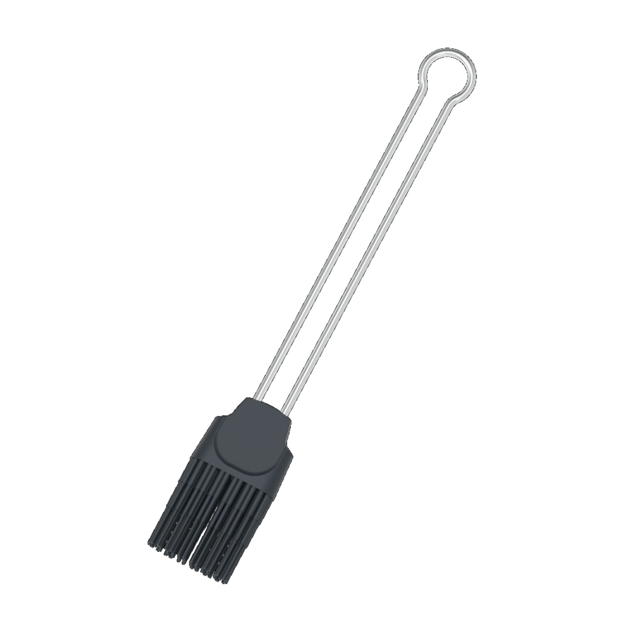 Pinsel mit anthrazitfarbenen Silikonborsten und Edelstahlgriff mit Aufhängeöse.
