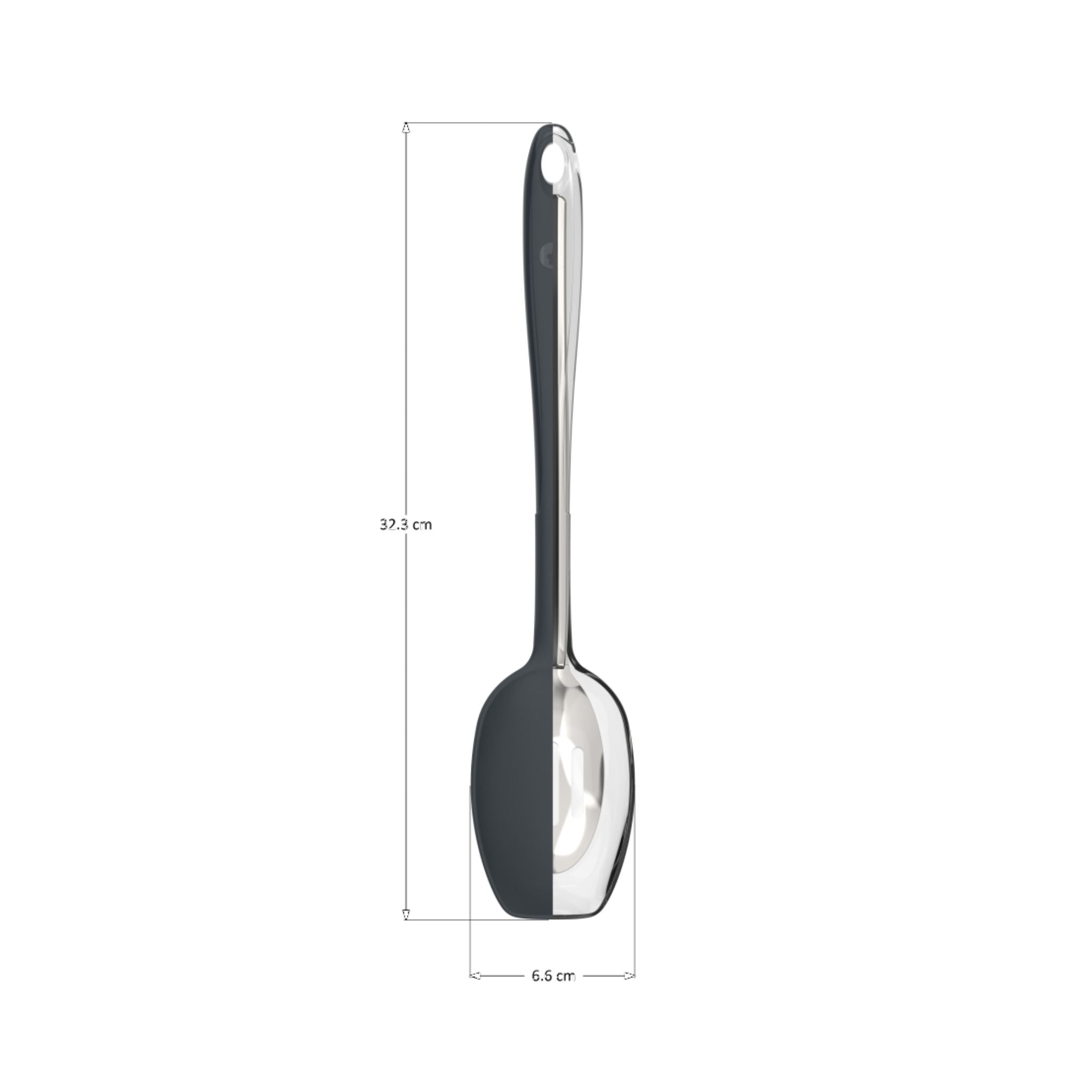 Edelstahl Soßenlöffel mit langem, gebogenem Griff und glänzender Oberfläche, 31,5 cm lang, 6,5 cm breit.