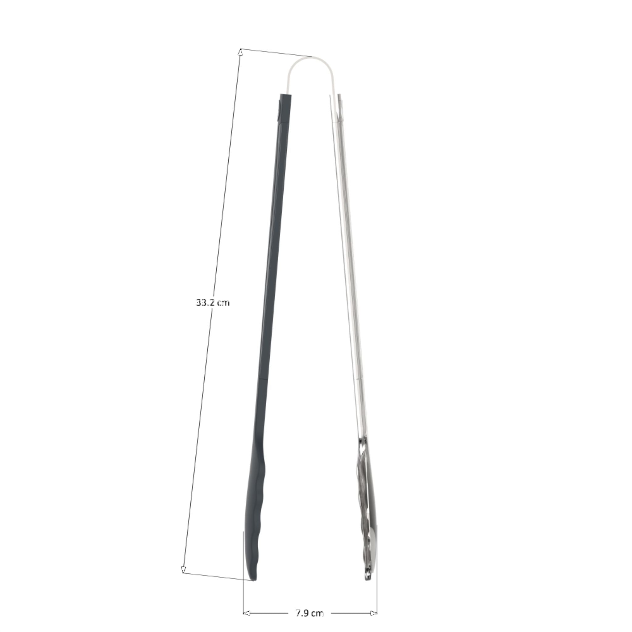 Anthrazitfarbene Grillzange mit gezahnten Greifenden aus Edelstahl, 33 cm lang.
