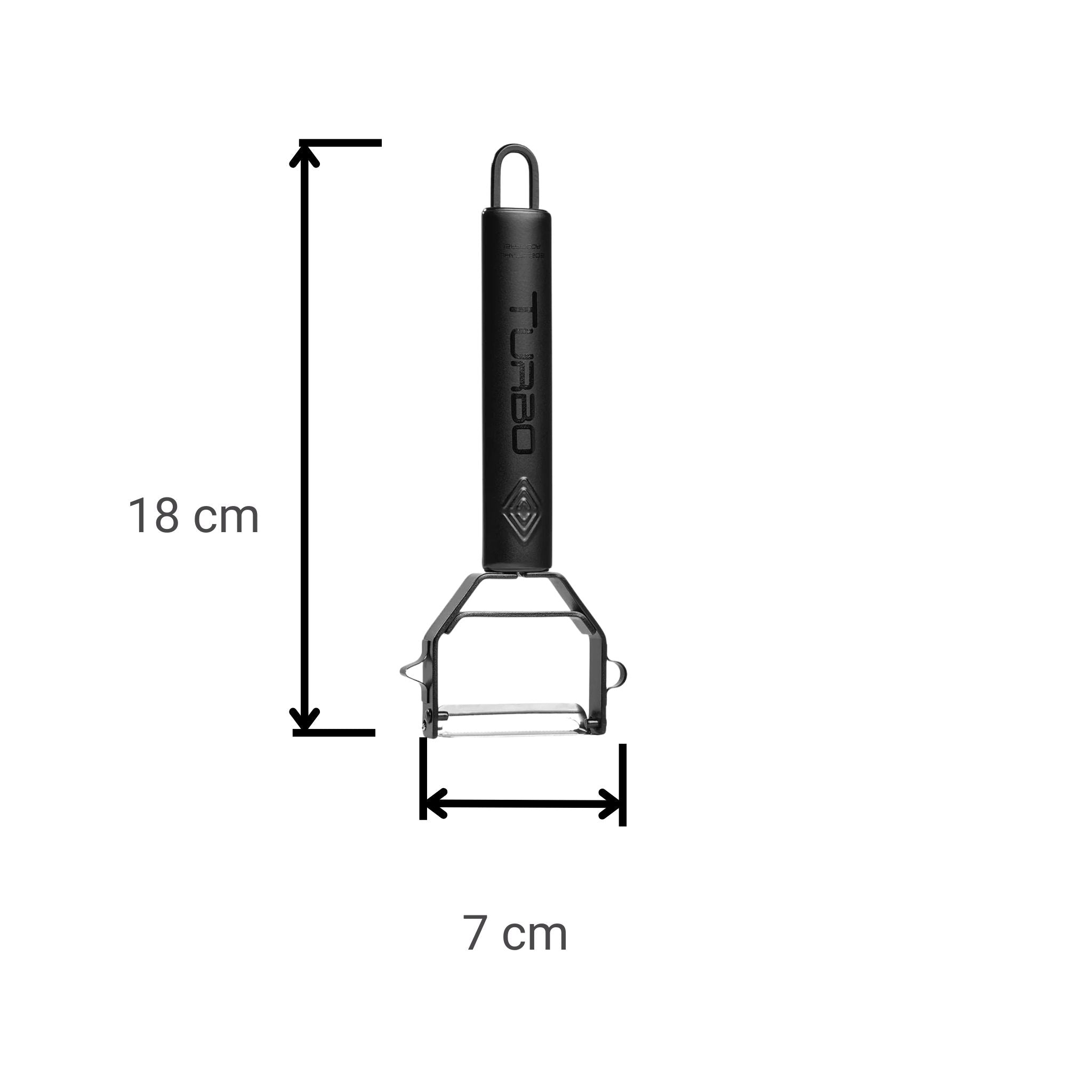 Schwarzer Turbo Schäler mit ergonomischem Griff und scharfem Edelstahlmesser, Breite 7 cm.