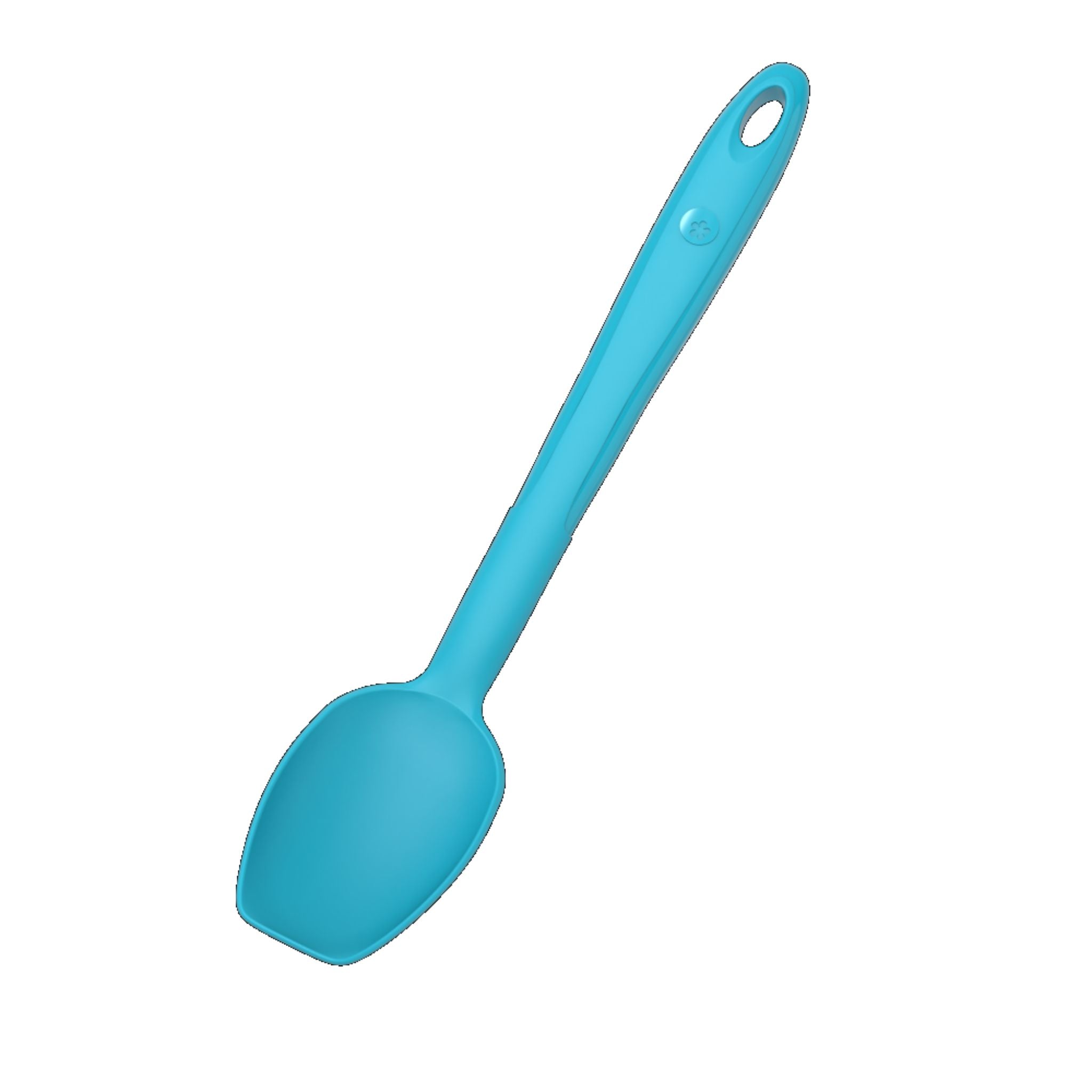 Löffel in Türkis mit langem Stil und breiter, abgerundeter Schöpfkelle aus Kunststoff.