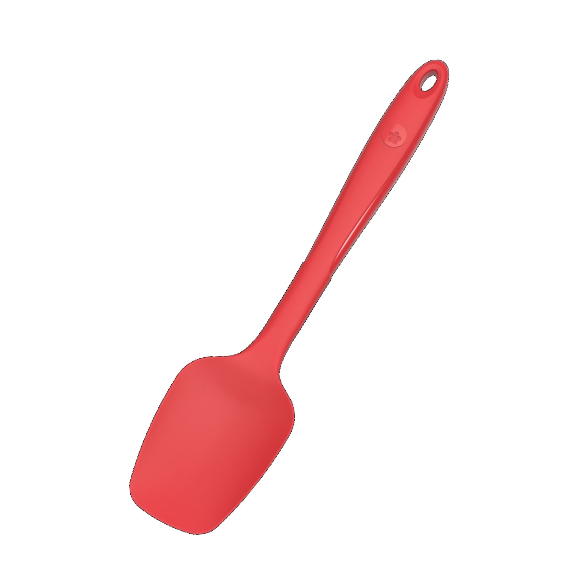 Roter Flexlöffel mit langem Griff und flexiblem Silikonspatelende.