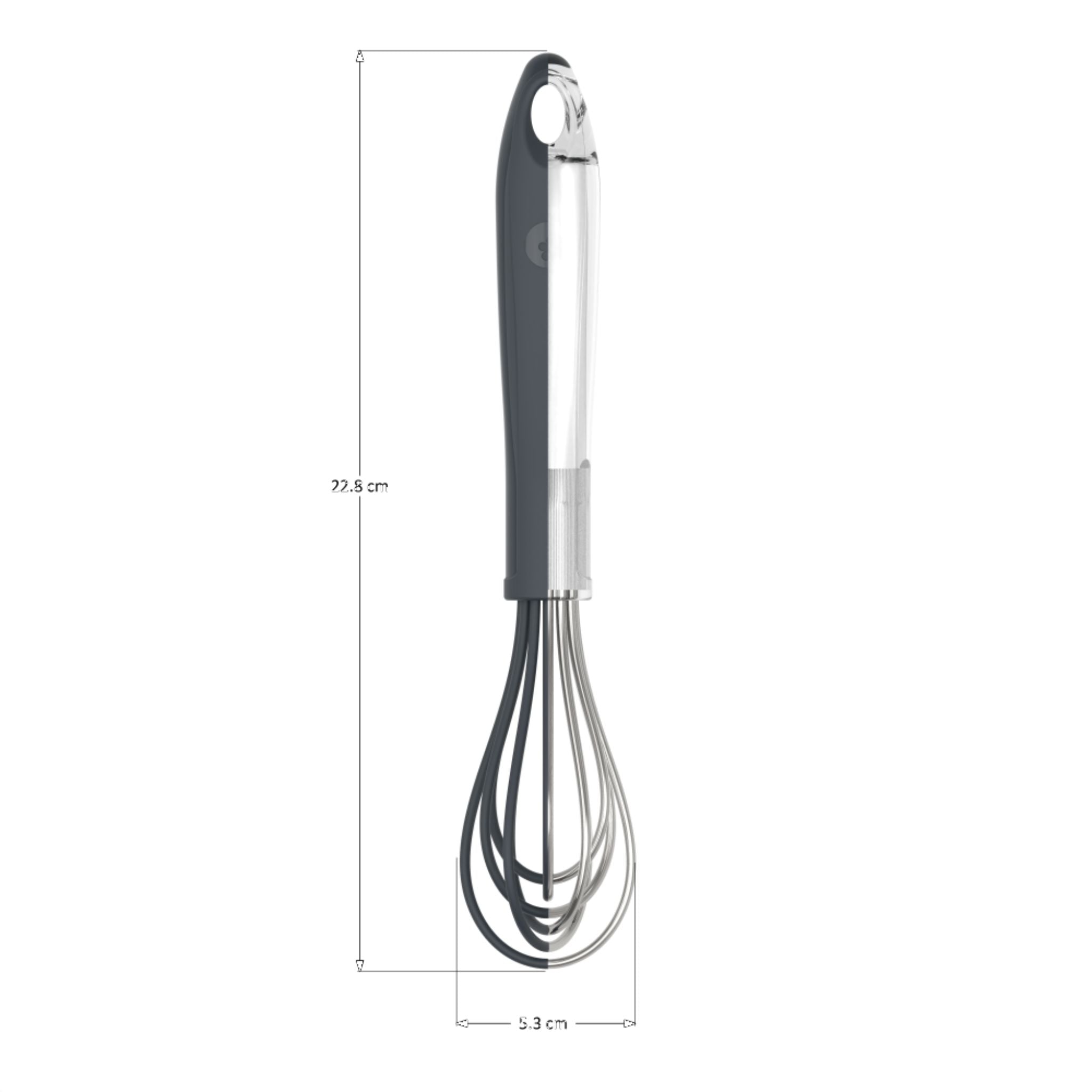 Schneebesen mit anthrazitfarbenem Griff und Edelstahlbesen, 32 cm lang.