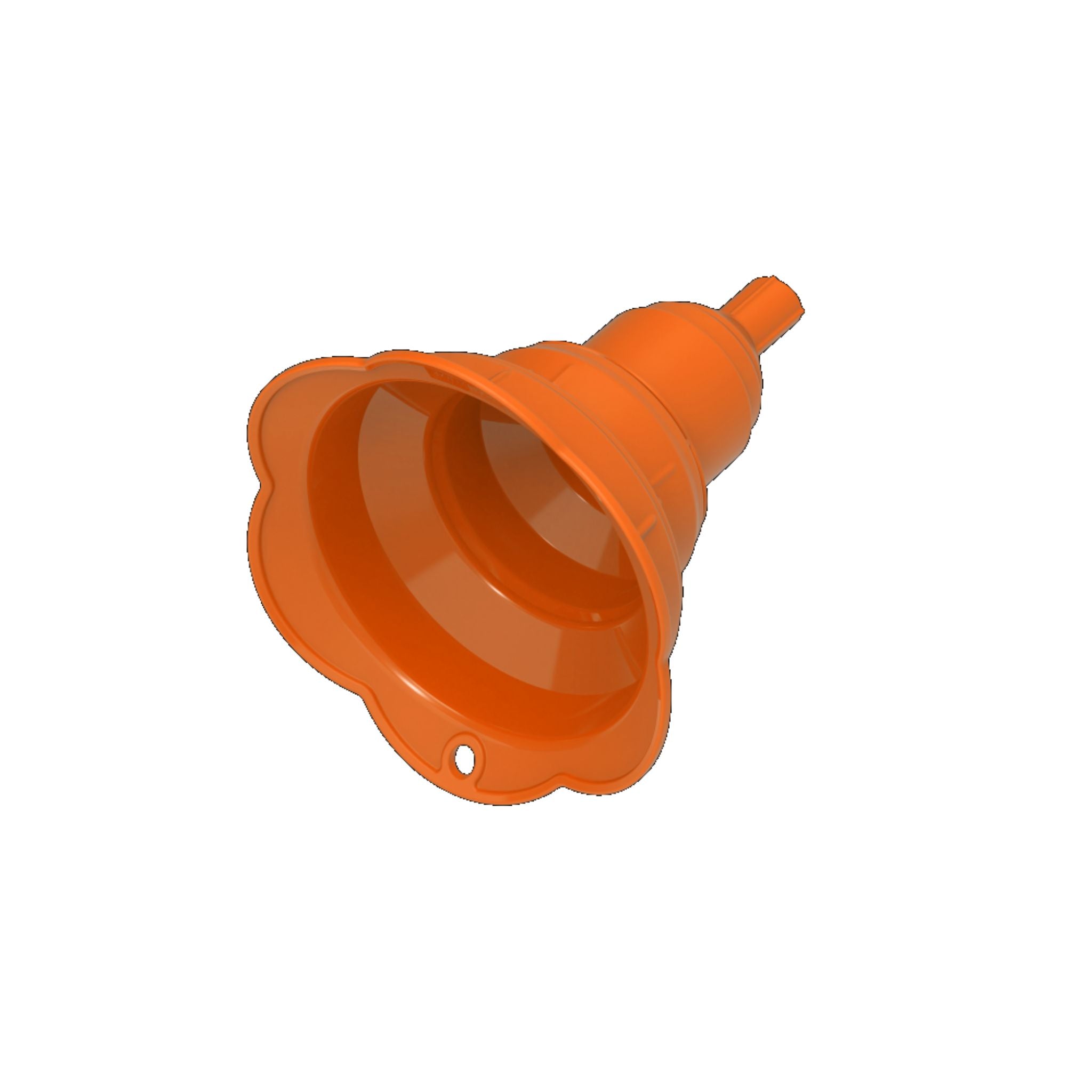 Faltbarer Trichter aus flexiblem orangefarbenem Silikon mit Ausguss und Aufhängeloch.