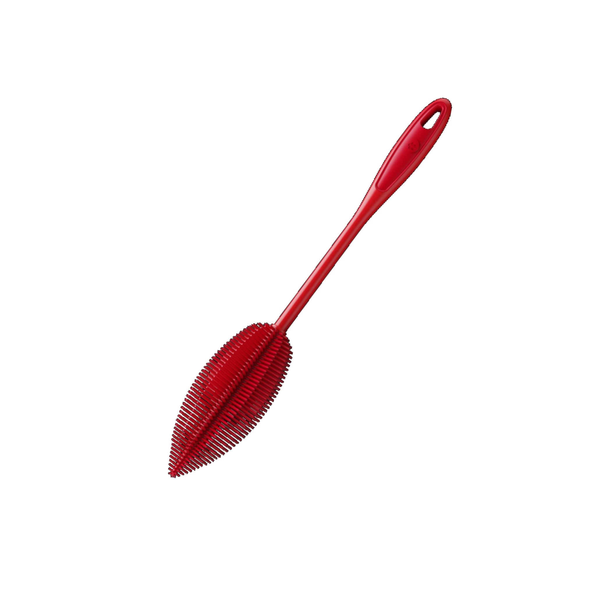 Rote Flaschenbürste mit flexiblem Silikonkopf und langem Griff aus Kunststoff.
