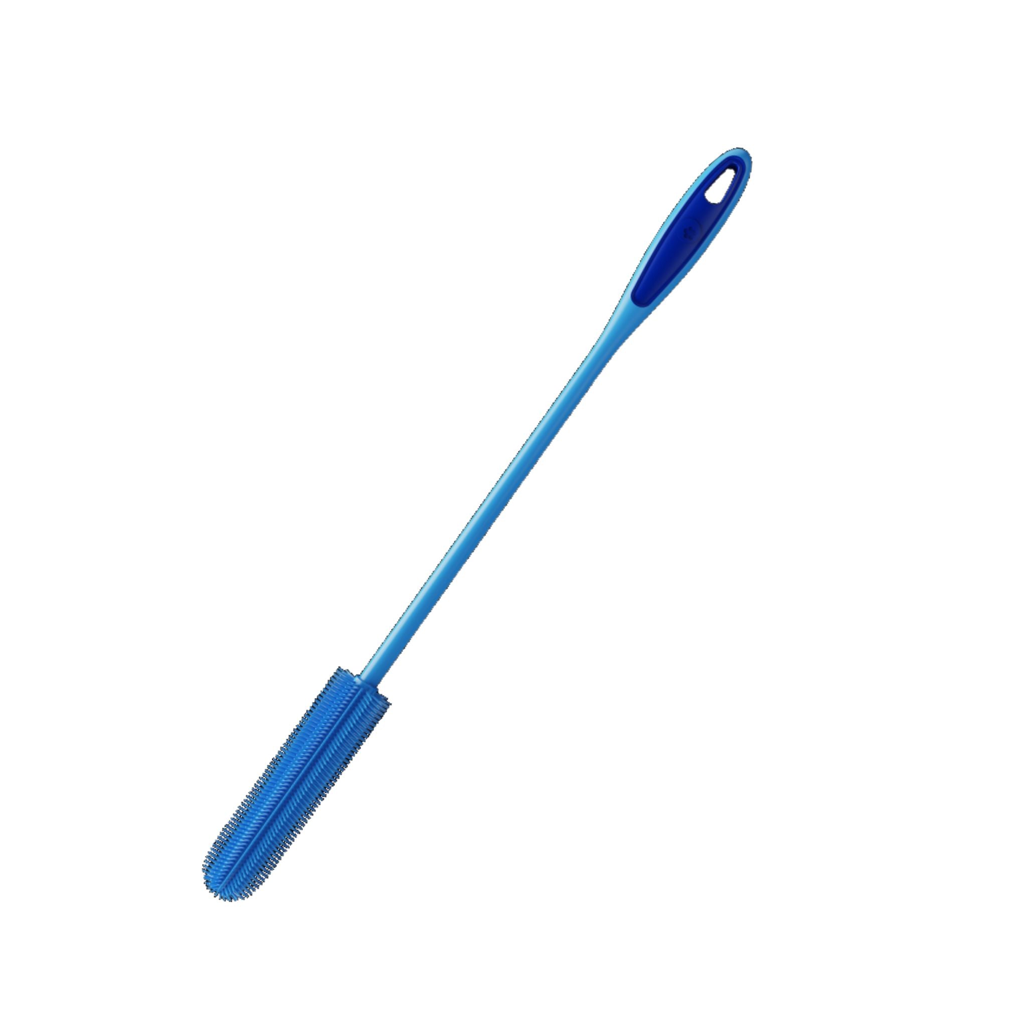 Dünne Flaschenbürste in Blau mit langem Griff und schmalem Bürstenkopf.