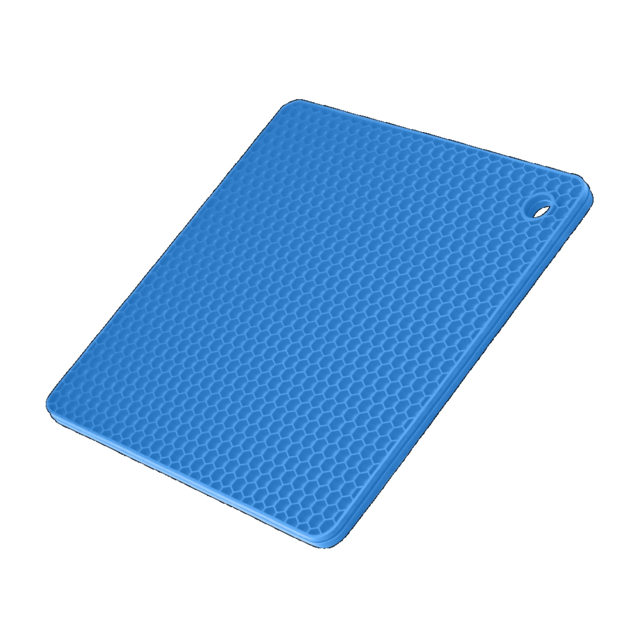 Blauer quadratischer Topfuntersetzer mit strukturierter Oberfläche und Aufhängeloch.