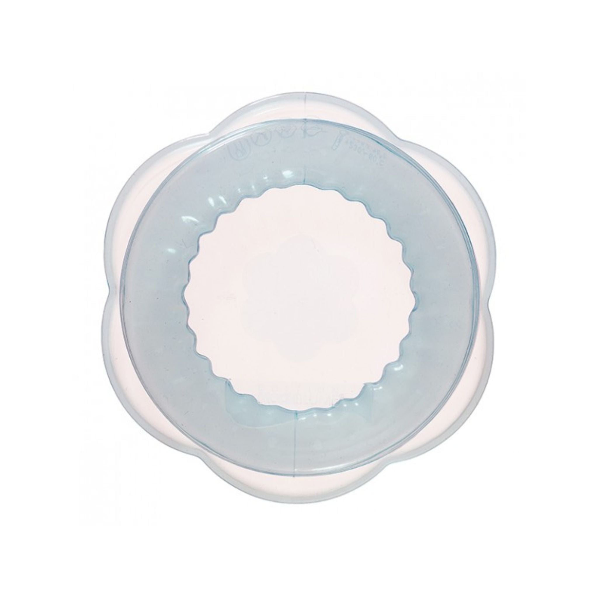 Transparenter Silikondeckel in Blütenform mit welligem Rand, Ø 10,5 cm.