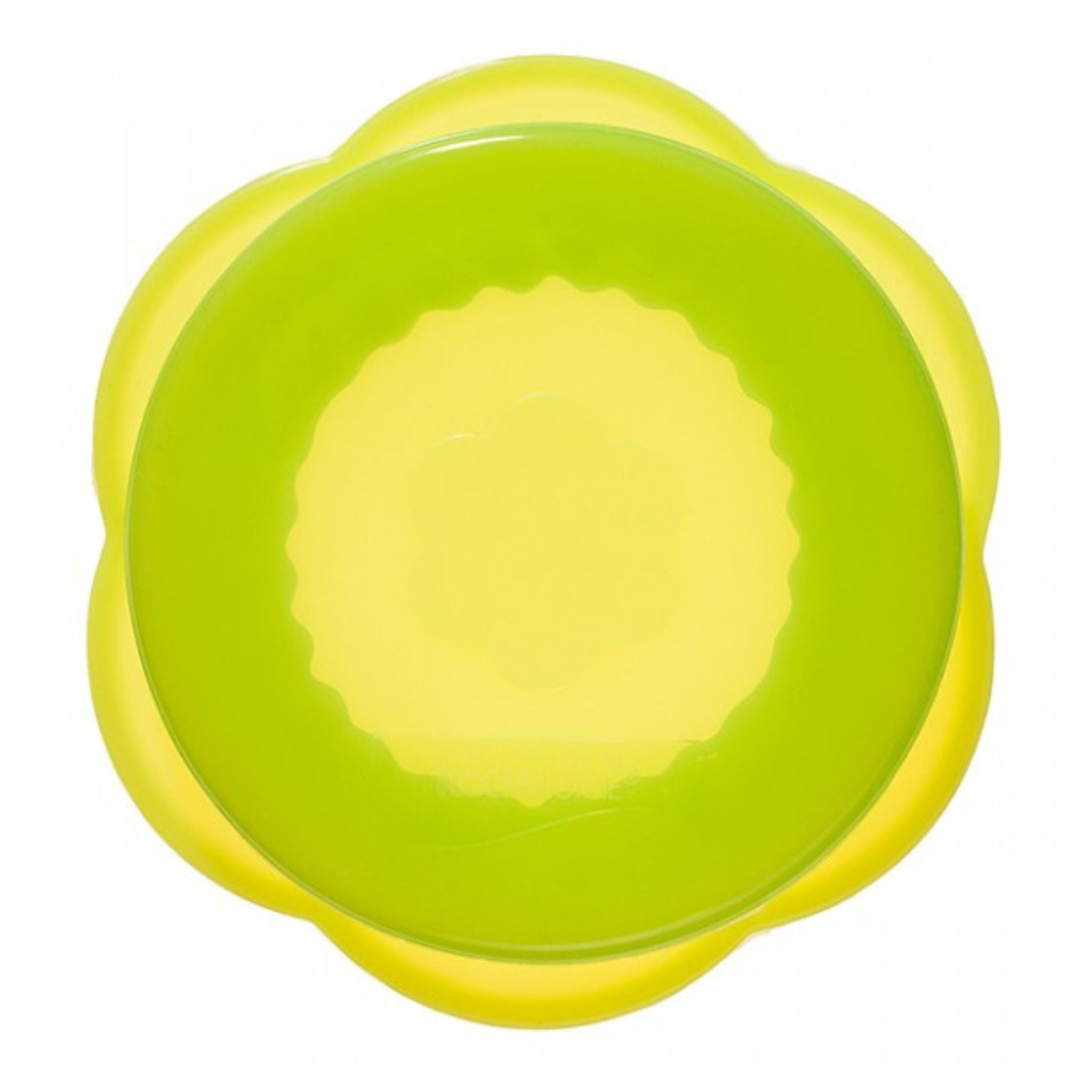 Flexibler, runder Deckel in Limettengrün mit gelben Blütenblättern aus Silikon, Ø 20 cm.
