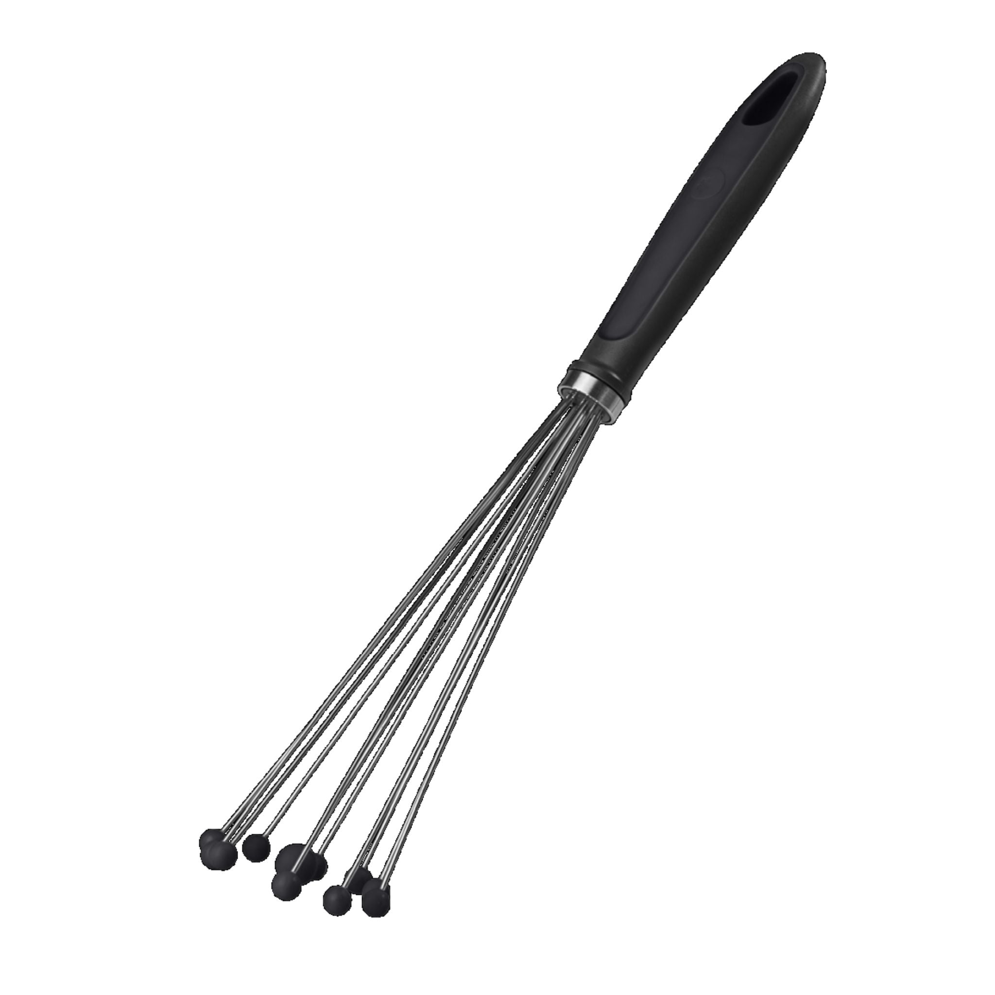 Kugelschneebesen mit schwarzem Griff und Edelstahlborstenenden.