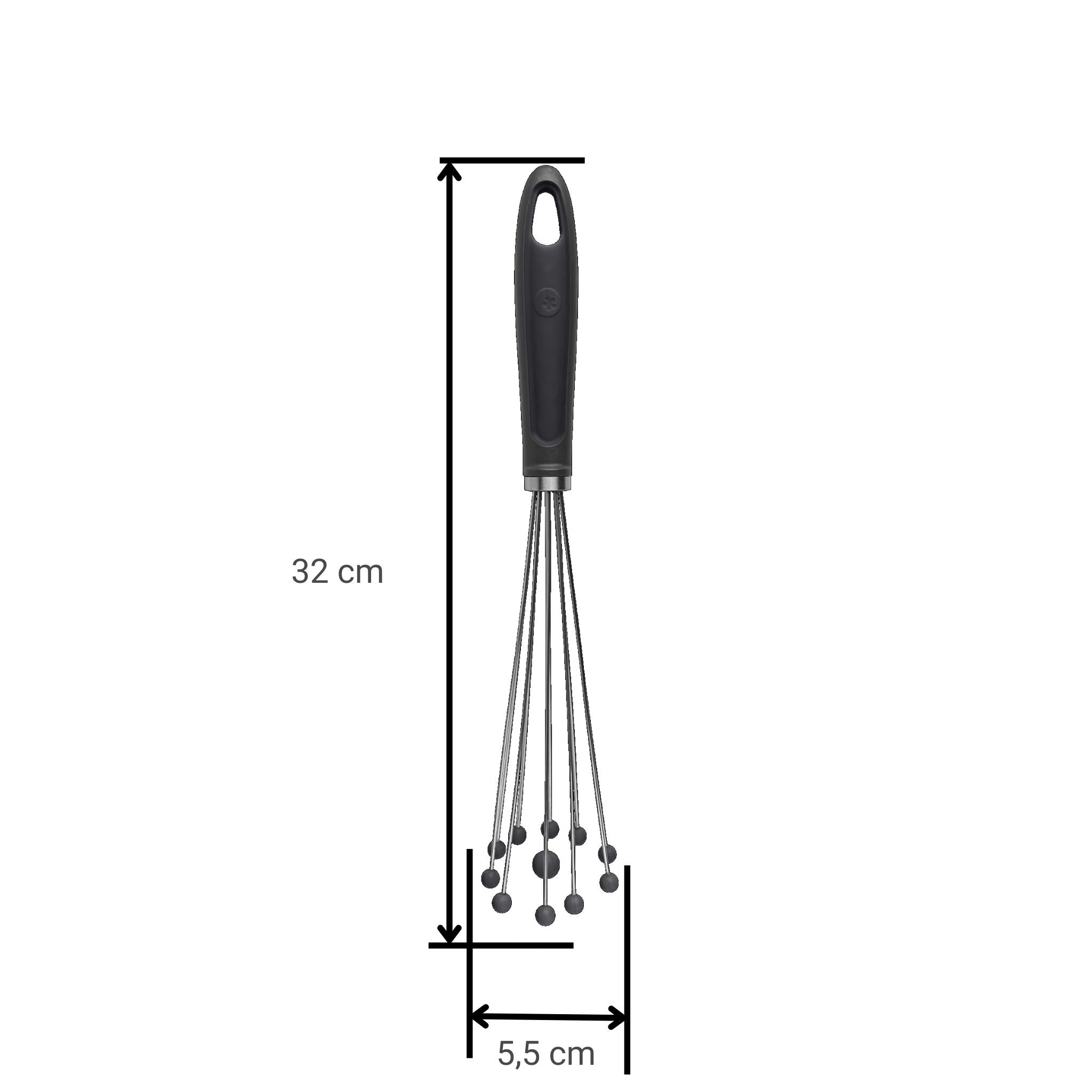 Kugelschneebesen mit schwarzem Griff und metallischen Drahtschlaufen, 32 cm lang und 5,5 cm breit.