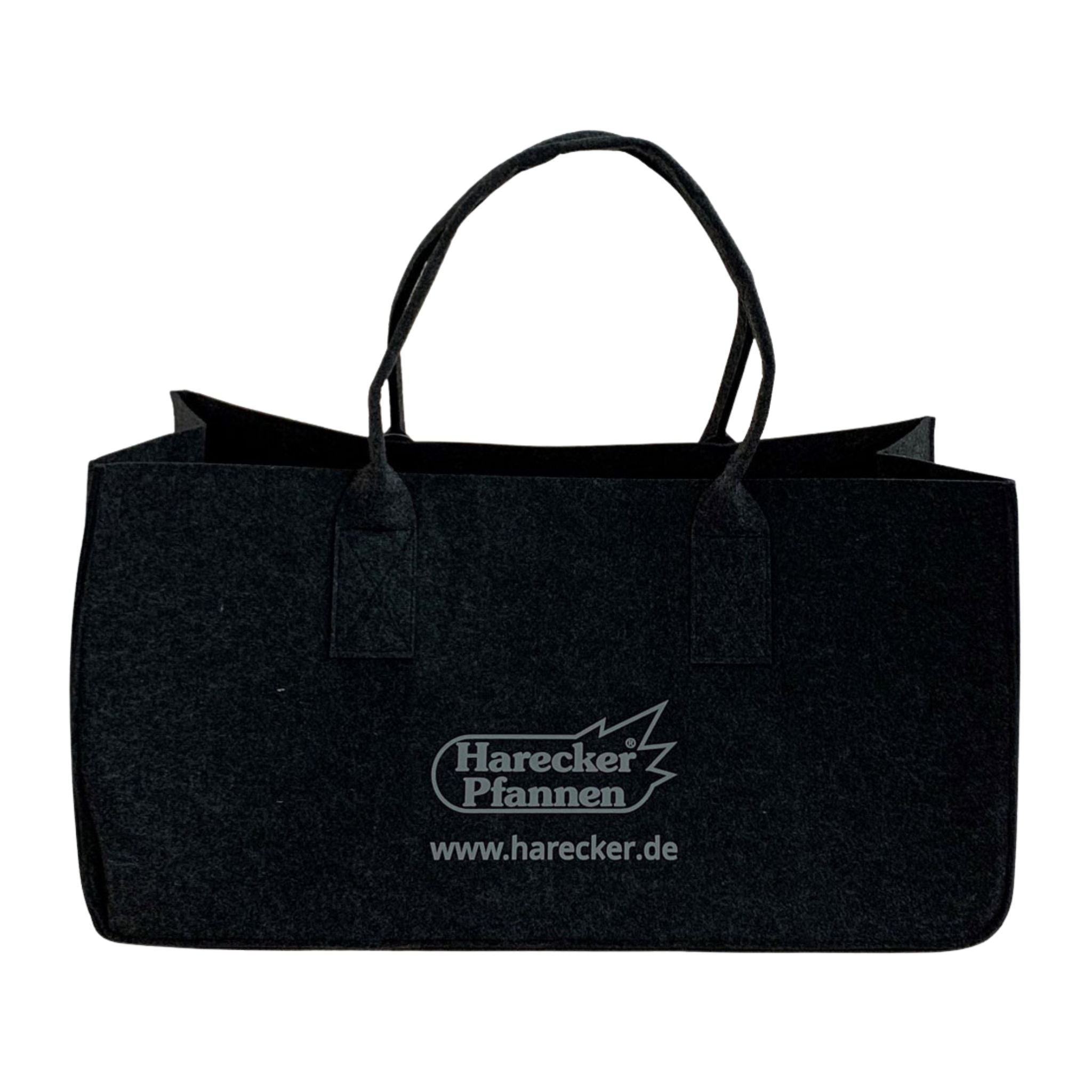 Anthrazitfarbene Einkaufstasche aus Filz mit zwei Tragegriffen und Logo in der Mitte.