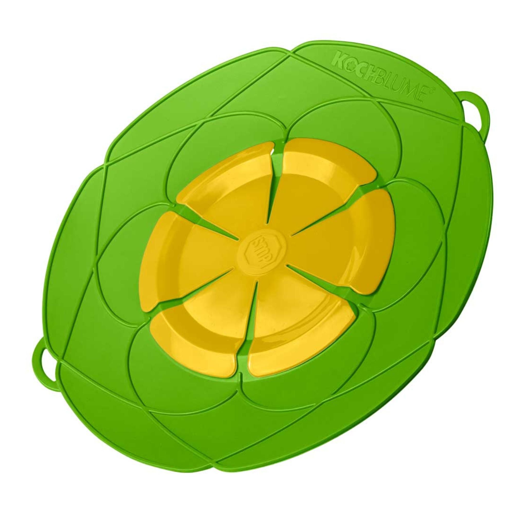 Kochblume Topfdeckel in Limettenfarbe mit gelbem Zentrum und blütenblattartiger Form.
