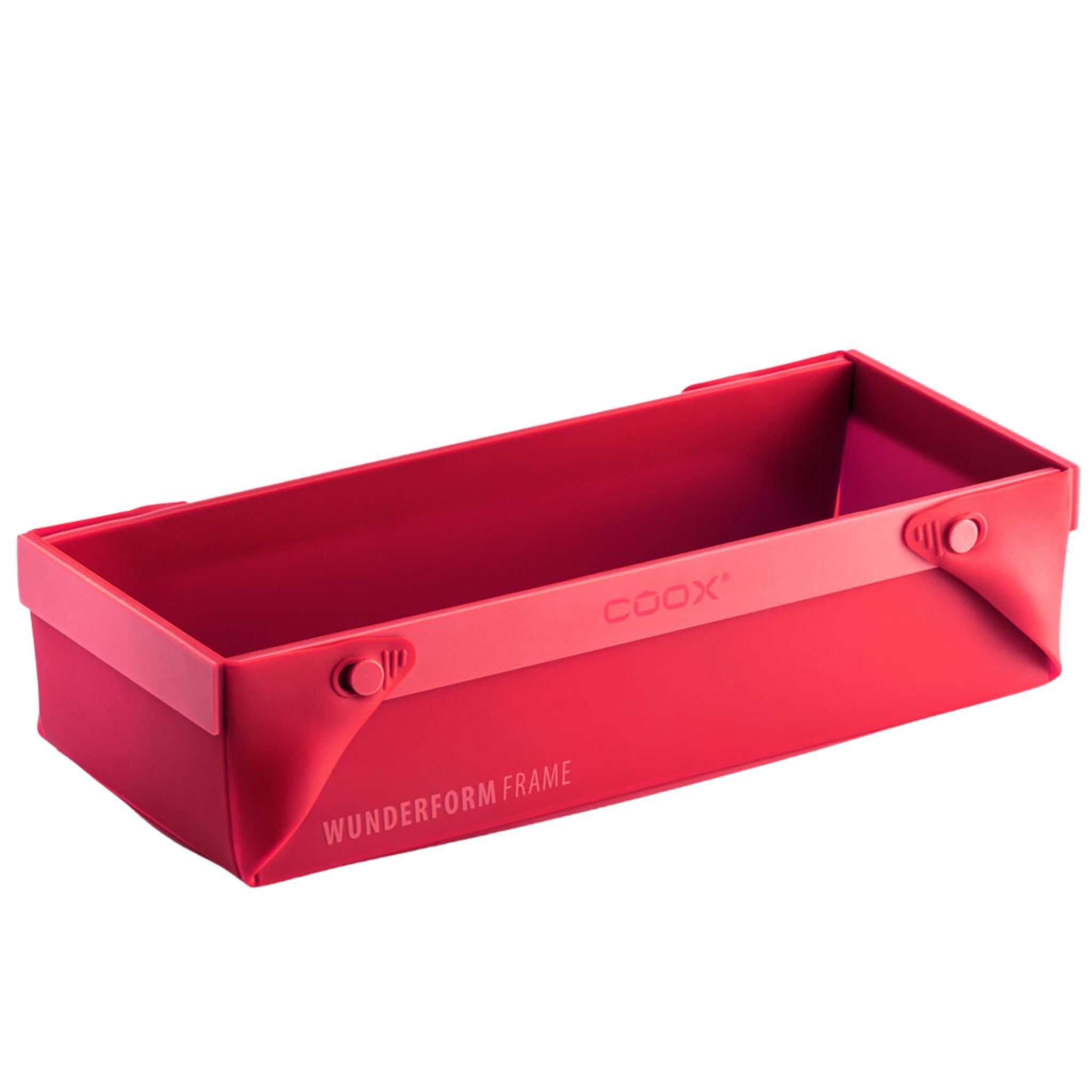 Rotes rechteckiges Silikon-Backform mit erhöhtem Rand und Coox-Logo.
