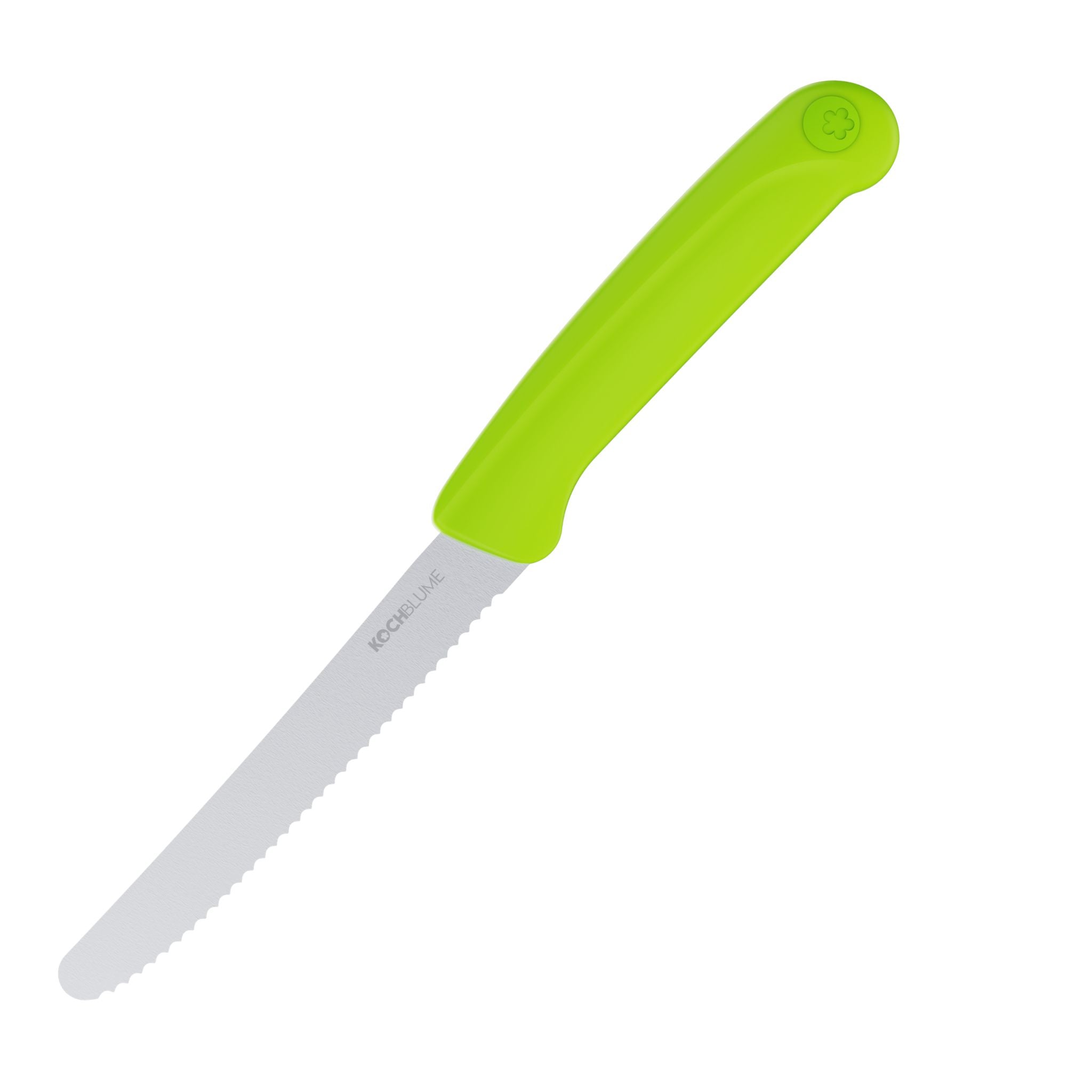 Frühstücksmesser mit gezahnter Klinge und ergonomischem limettengrünem Griff aus Kunststoff.