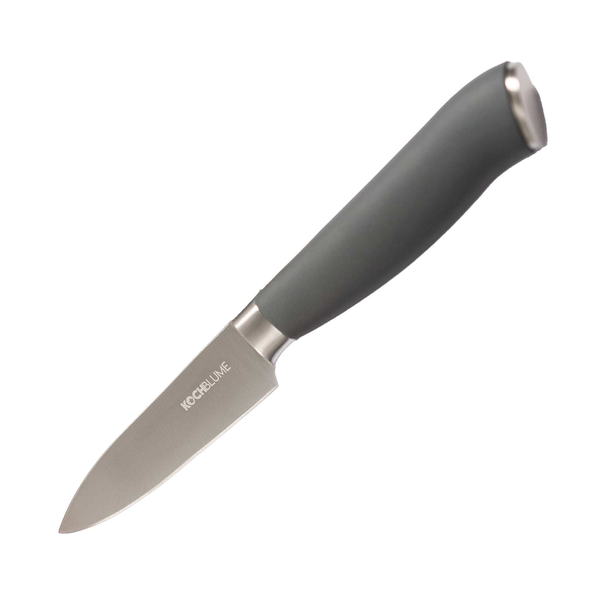 Gemüsemesser mit anthrazitfarbenem ergonomischem Griff und mattierter Klinge.
