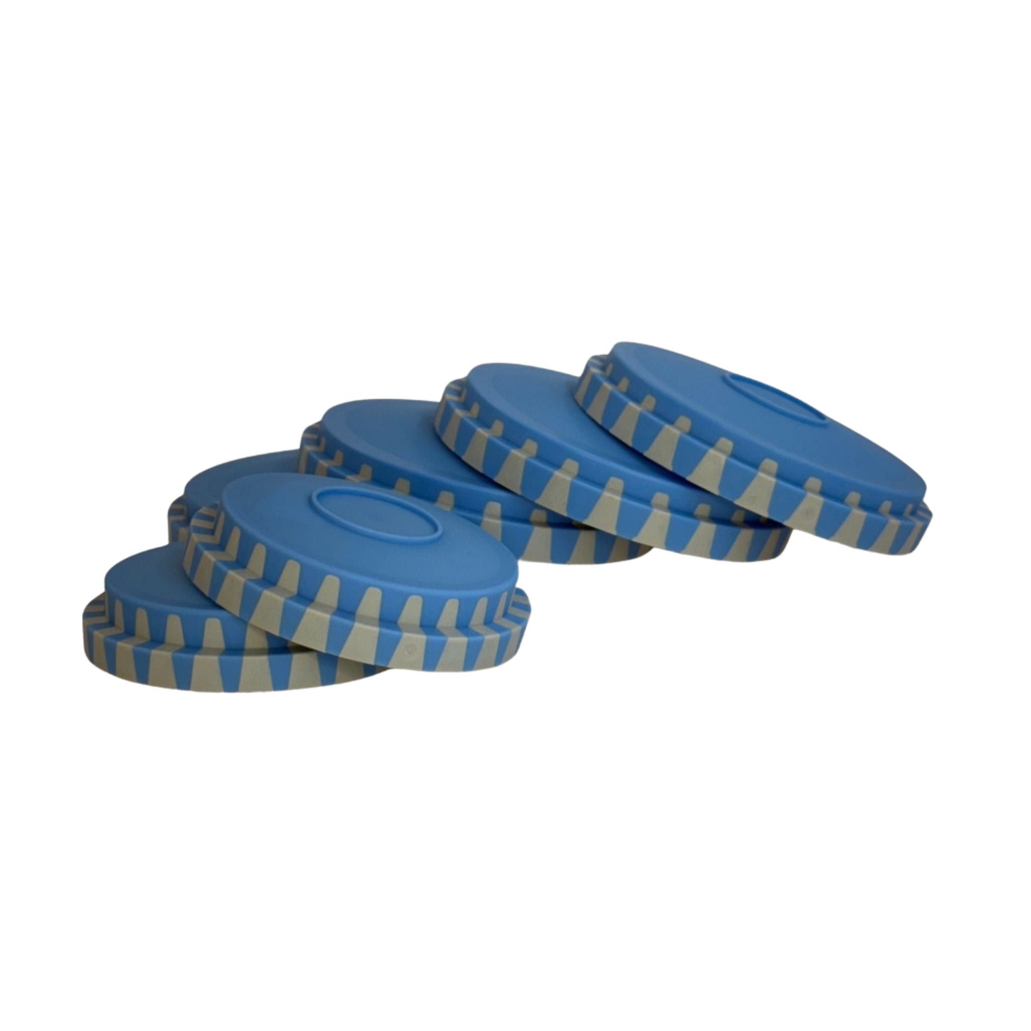 Blaues 6-teiliges Deckel-Set mit Graumuster und ergonomischem Griff.